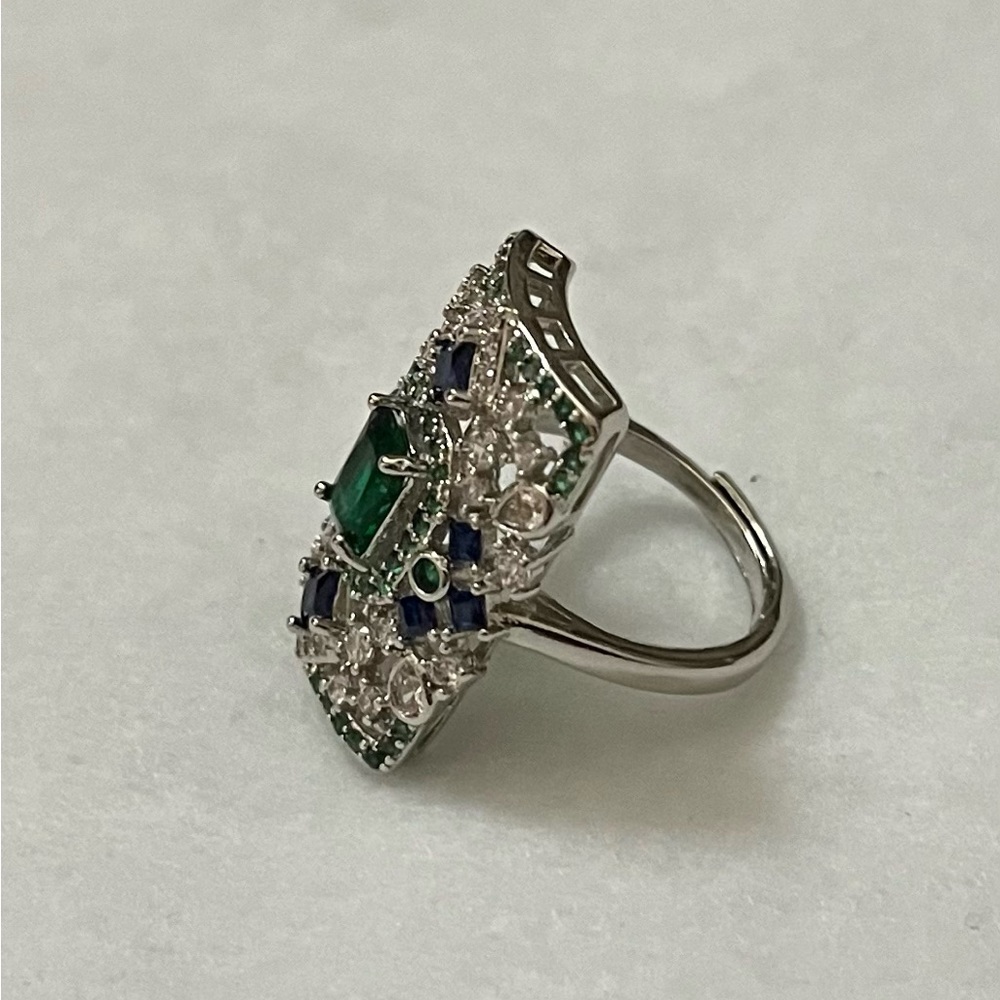 Multi Color Crystal Octagon Shape Silver Plated R… - image 3